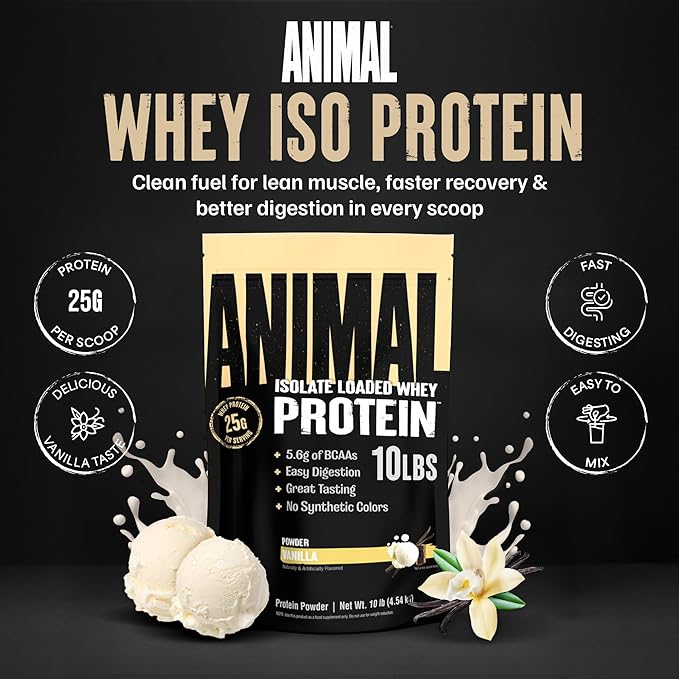 Animal Whey Isolate Protein Powder - Loaded for Pre & Post Workout Muscle Builder and Recovery with Digestive Enzymes for Men & Women - 25g Protein, Great Taste, Low Sugar - Vanilla 10 lbs