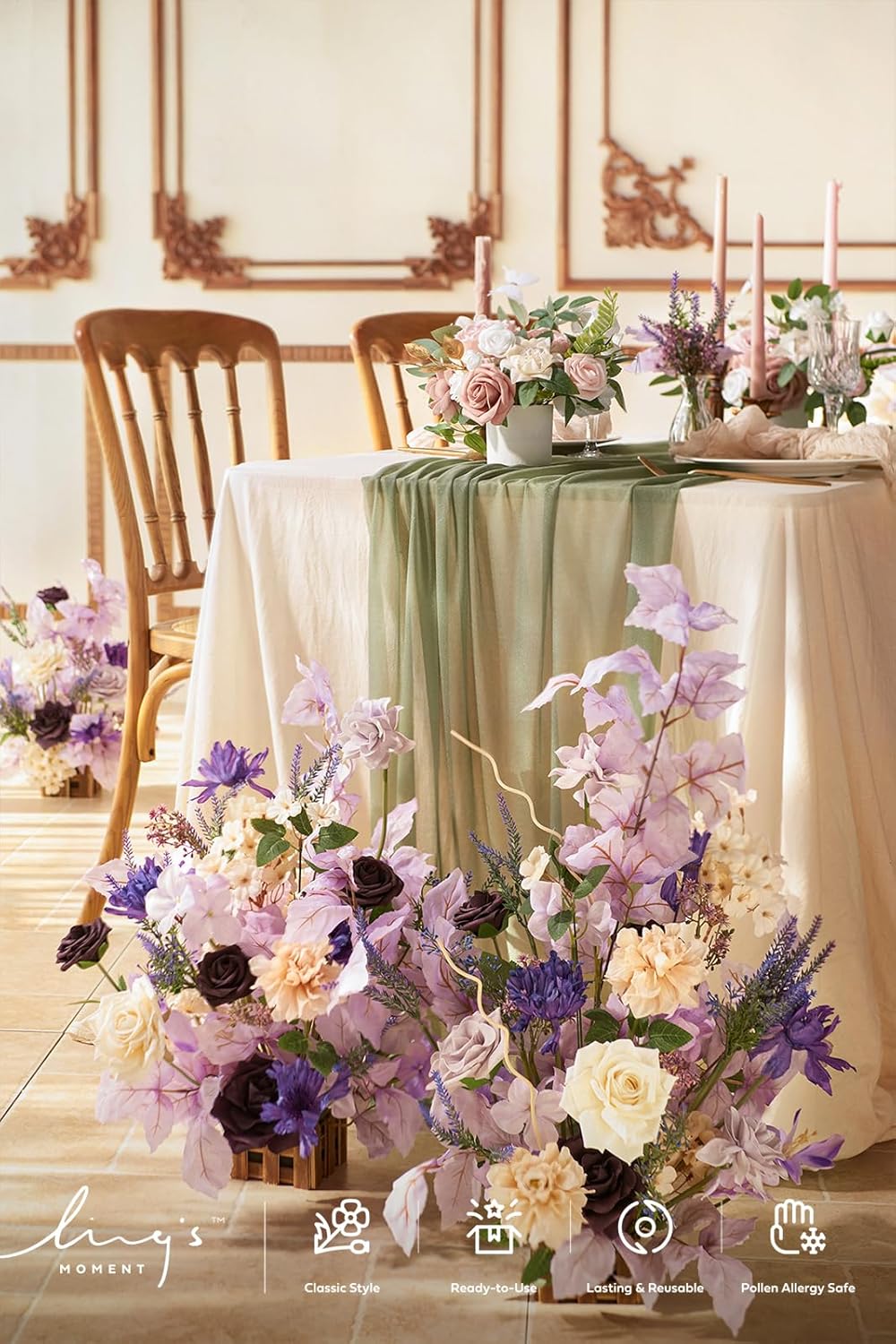 Ling's Moment 17.5" Tall Standing Artificial Flowers Arrangements 4 pcs Wedding Aisle Runner Chair Decorations French Lavender Plum Centerpieces Ceremony Reception Rose Floral Party Outdoor