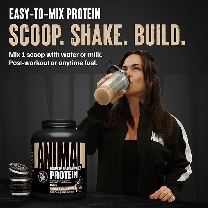 Animal Whey Isolate Protein Powder - Loaded for Pre & Post Workout Muscle Builder and Recovery with Digestive Enzymes for Men & Women - 25g Protein, Great Taste, Low Sugar - Cookies & Cream 4 lbs