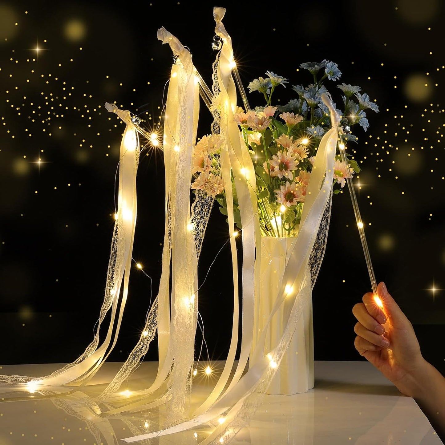 50 Pcs Wedding Wands Ribbon Streamers with 3 Colorful Flashing Modes, Light up LED Silk Fairy Wands, Glow Lace Stick with Bells for Wedding Reception, Graduation, New Year, Birthday Party (Warm White)
