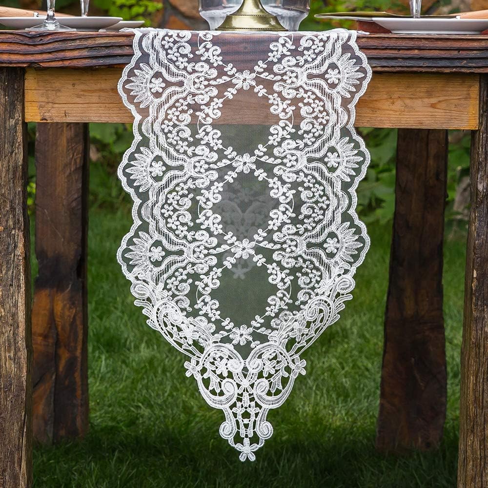 ARTABLE Rectangle Table Runner Lace Macrame Embroidered Table Runners with Exquisite Vintage Shabby Chic for Holiday Wedding Long Dinner Tables (White, 12 x 120 Inch)