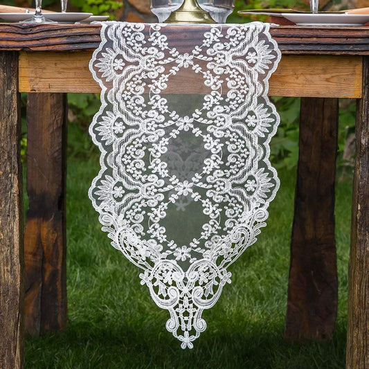 ARTABLE Rectangle Table Runner Lace Macrame Embroidered Table Runners with Exquisite Vintage Shabby Chic for Holiday Wedding Long Dinner Tables (White, 12 x 96 Inch)