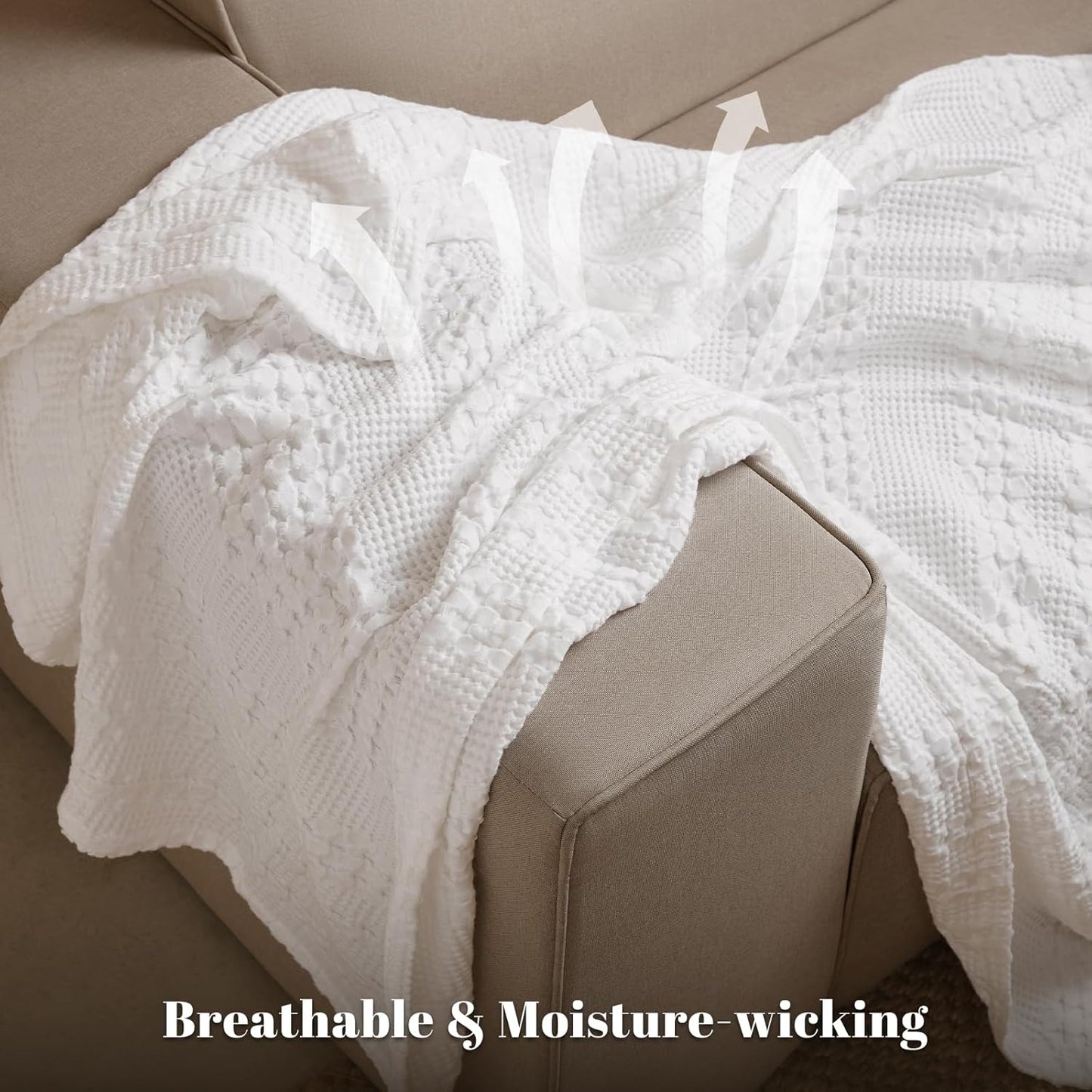 PHF 100% Cotton Waffle Weave Throw Blanket, Soft Lightweight Breathable Cozy Throws for Couch Bed Sofa, Luxury Aesthetic Woven Blanket for Home Decor & Office, 50"x60", White