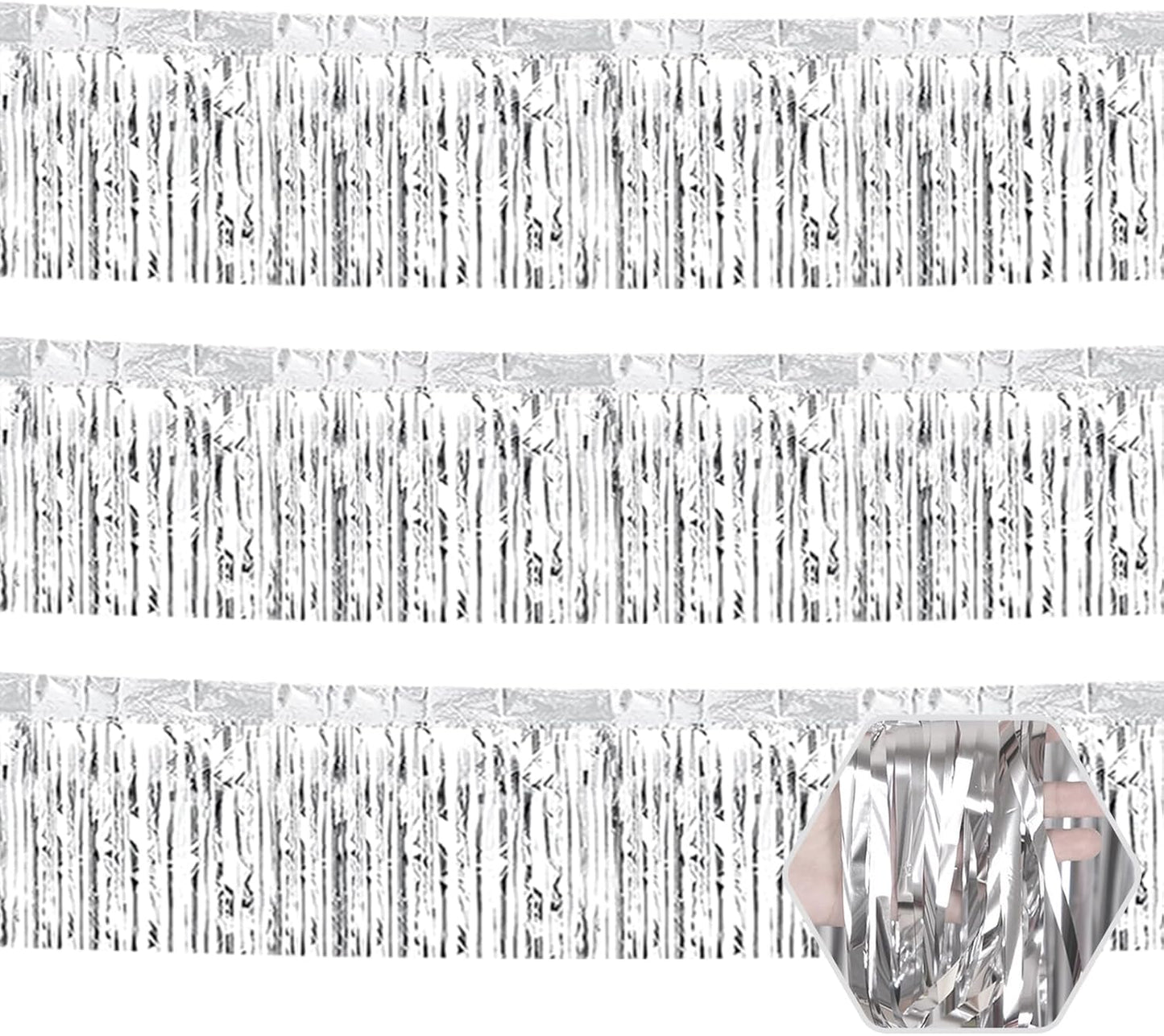 3 Pack 10 Long Silver Metallic Foil Fringe Garland Wall Hanging Tassle Banner, Mother's Day, Easter, Parade Floats, Birthday, Theme Party, Wedding Party Decorations