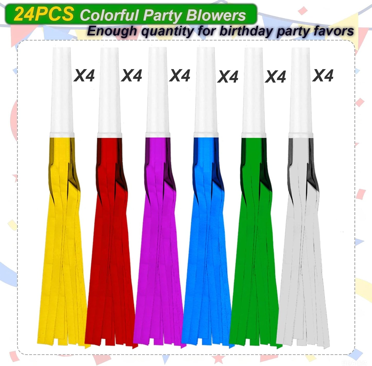 24PCS Bulk Party Blowers & Colourful Noise Makers - Fringed Glitter Party Horns Whistles for Birthday Graduation Christmas New Year - Premium Party Supplies (Mixed Colors)