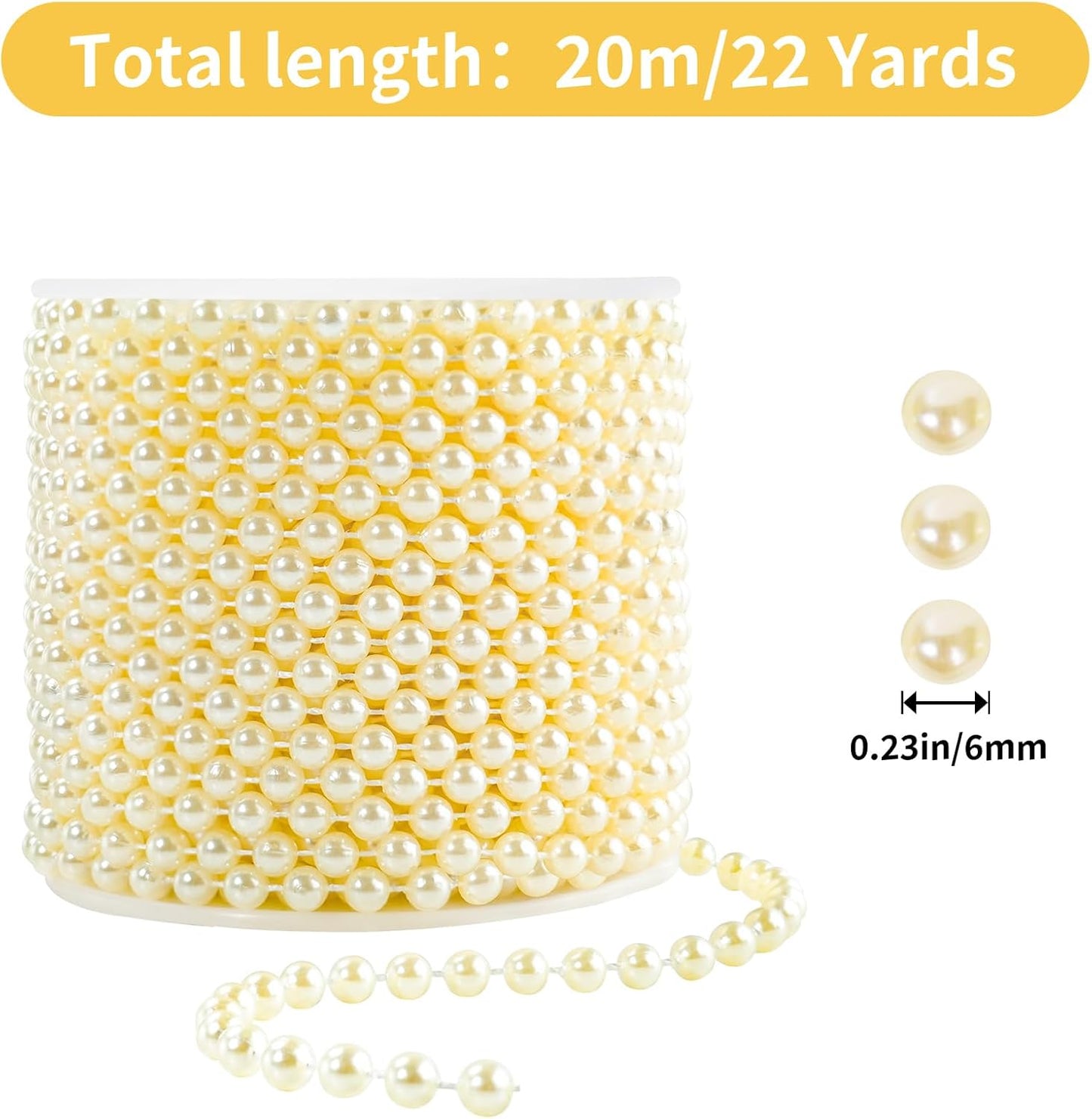 Faux Ivory Pearl Beads Garland - 6mm Christmas Tree Beads 22 Yards Ivory Pearl Strands Spool Pearl String Bead Roll for Wedding Party Christmas Tree Decoration(6mm 22Yards, Ivory)