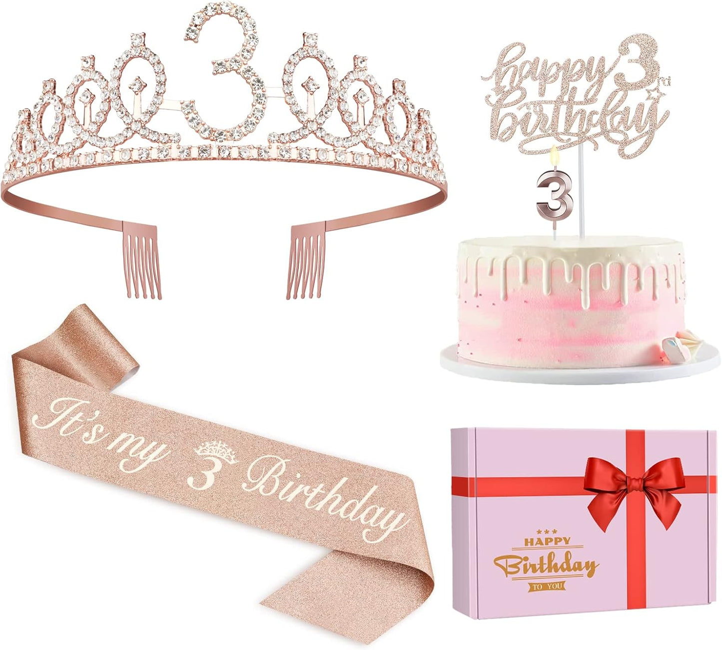 3rd Birthday Decorations for Girls, Including Sash, Crown/Tiara, Candles, Cake Toppers, 3rd Birthday Gifts for Girls