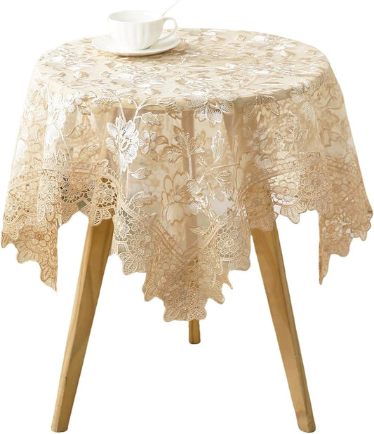 Round Embroidered Lace Tablecloth Vintage Decorative Exquisite Border Table Cover for Party Wedding Home Decorations, Round-60, Beige