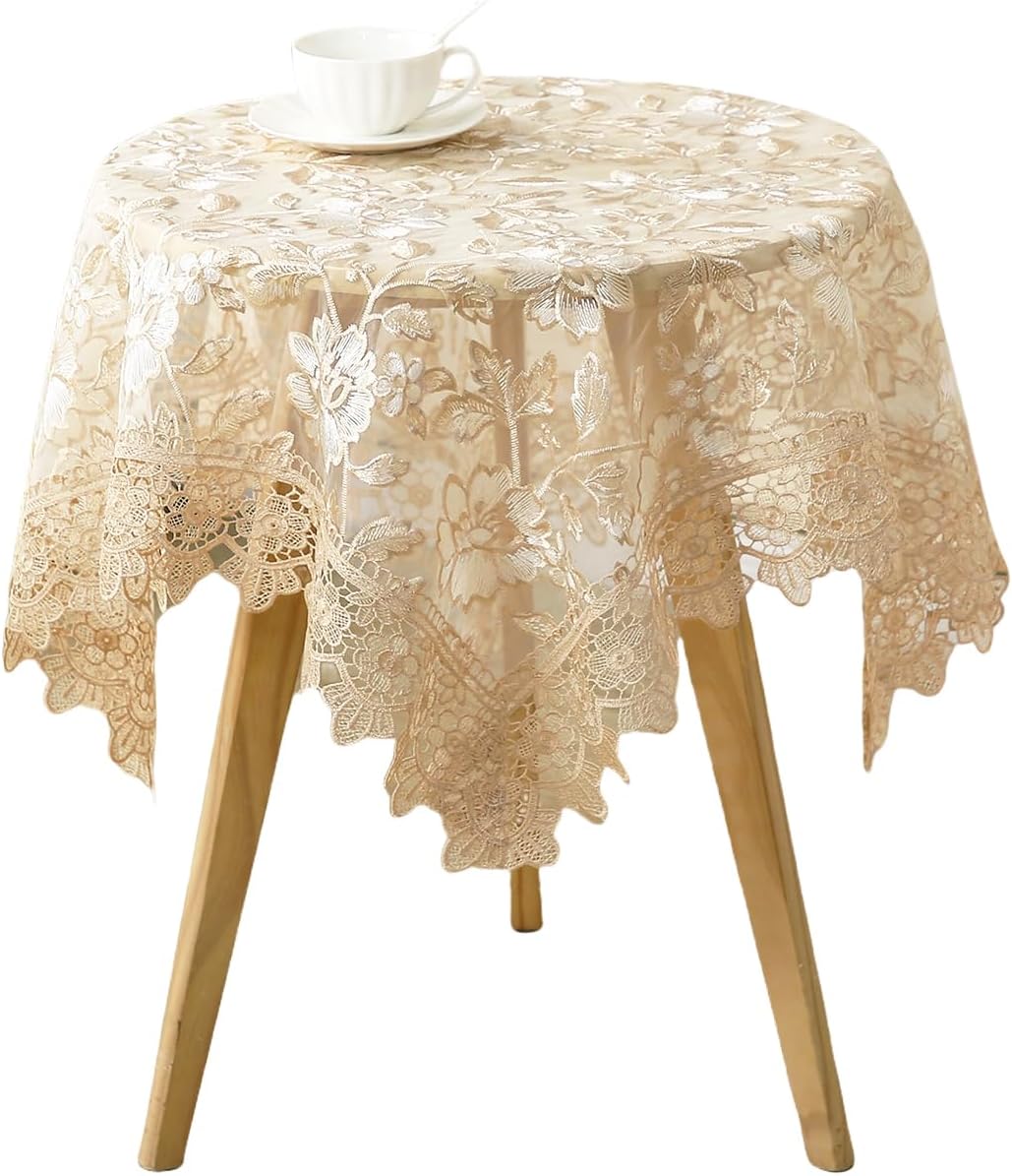 Round Embroidered Lace Tablecloth Vintage Decorative Exquisite Border Table Cover for Party Wedding Home Decorations, Round-70, Beige