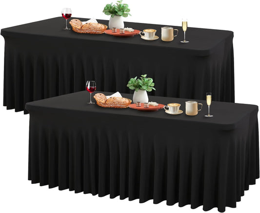 Wish Care 2 Pack Black Spandex Table Cloths for Rectangle Tables 8ft - One-Piece Wrinkle Free Fitted Table Cover 8 Foot Stretch Tablecloths for Party, Banquet, Wedding and Events