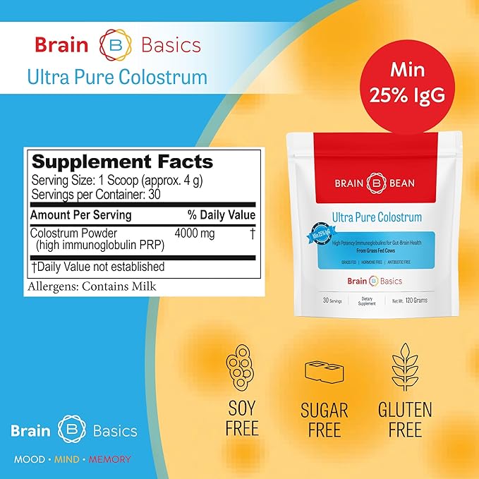 Brain Basics Ultra-Pure Colostrum, 4000mg per Serving, Min 25% IgG antibodies, Gut-Brain-Immune Health, Glowing Hair and Skin. Colostrum Powder from Grass-Fed Cows. 120 Grams - 30 Servings
