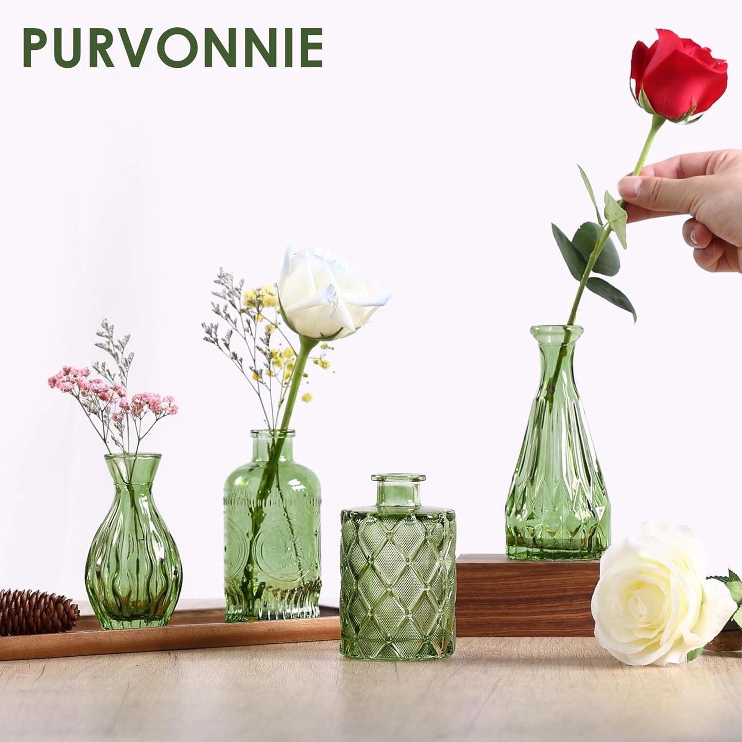 Vintage Small Glass Vases Set of 10,Mini Bud Vases for Flowers,Amber Glass Vases for Centerpieces,Wedding Decorations,Home Table Flower Decor (Hunt Green)