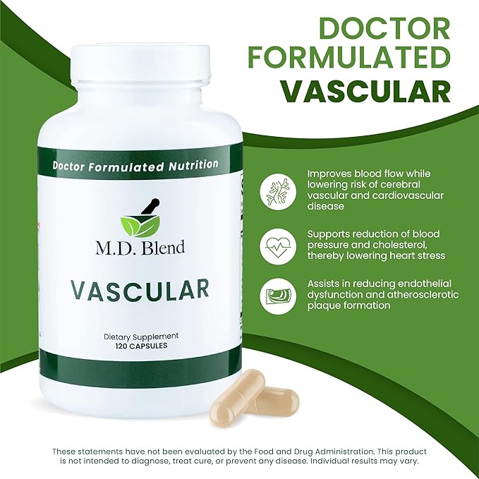 M.D. Vascular - Expert Formulated Supplement - Vascular & Overall Wellness Goals - Proper Flow, Numbers, Balance - Powerful Garlic, Ginger, L-Arginine, Pomegranate - 120 Capsules (Pack of 2)