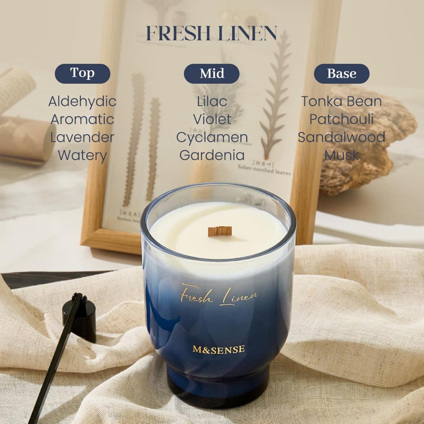 M&SENSE 16.6oz Natural Soy Large Jar Candle with Wooden Wick | Fresh Linen Scent | 95-Hour Burn & Long-Lasting Burn | Housewarming Gift for Men and Women