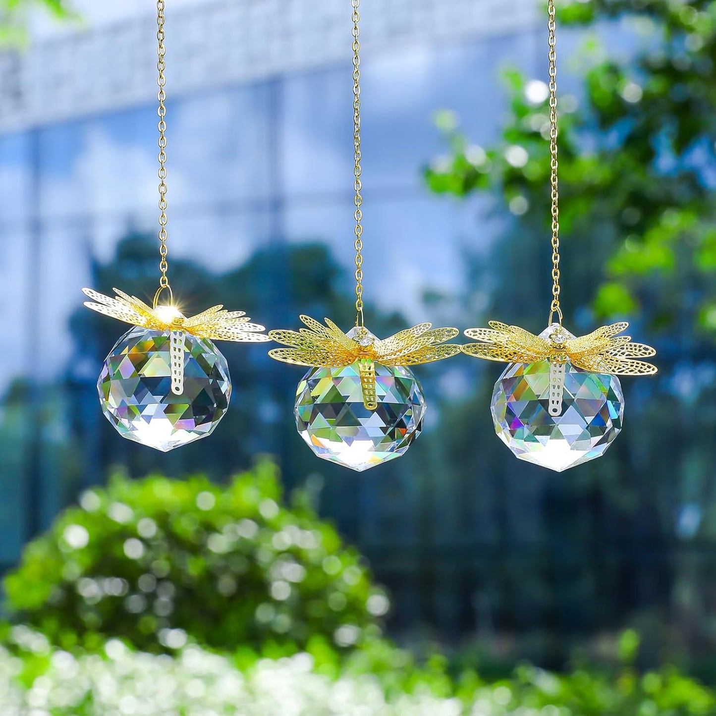 Crystal Suncatchers Gold Dragonfly 40mm Crystal Prisms Ball Rainbow Maker with Chain for Window Hanging Decoratioin 3 Pack