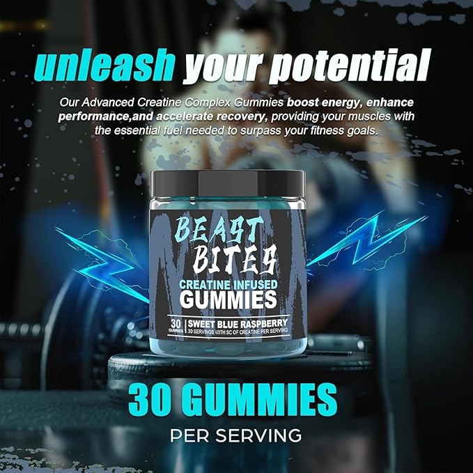 Creatine Monohydrate Gummies 5g per Serving - Vegan, Halal, Sugar-Free - Blue Raspberry Flavor - 30 Low-Calorie Gummies (2pcs)