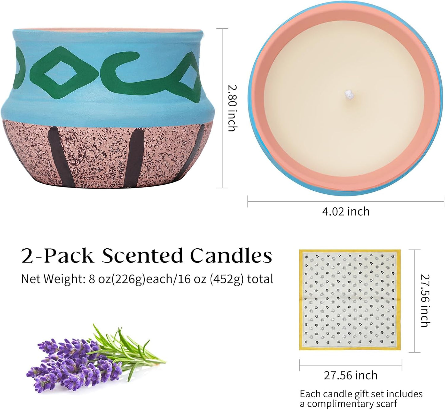 Lavender Candles, Scented Candles Gift Set for Women, Coarse Pottery Container，Natural Soy Wax, Set 2 Pack, Total 16oz, 90 Hours of Burn, One Silk Scarf，Candles for Home Scented