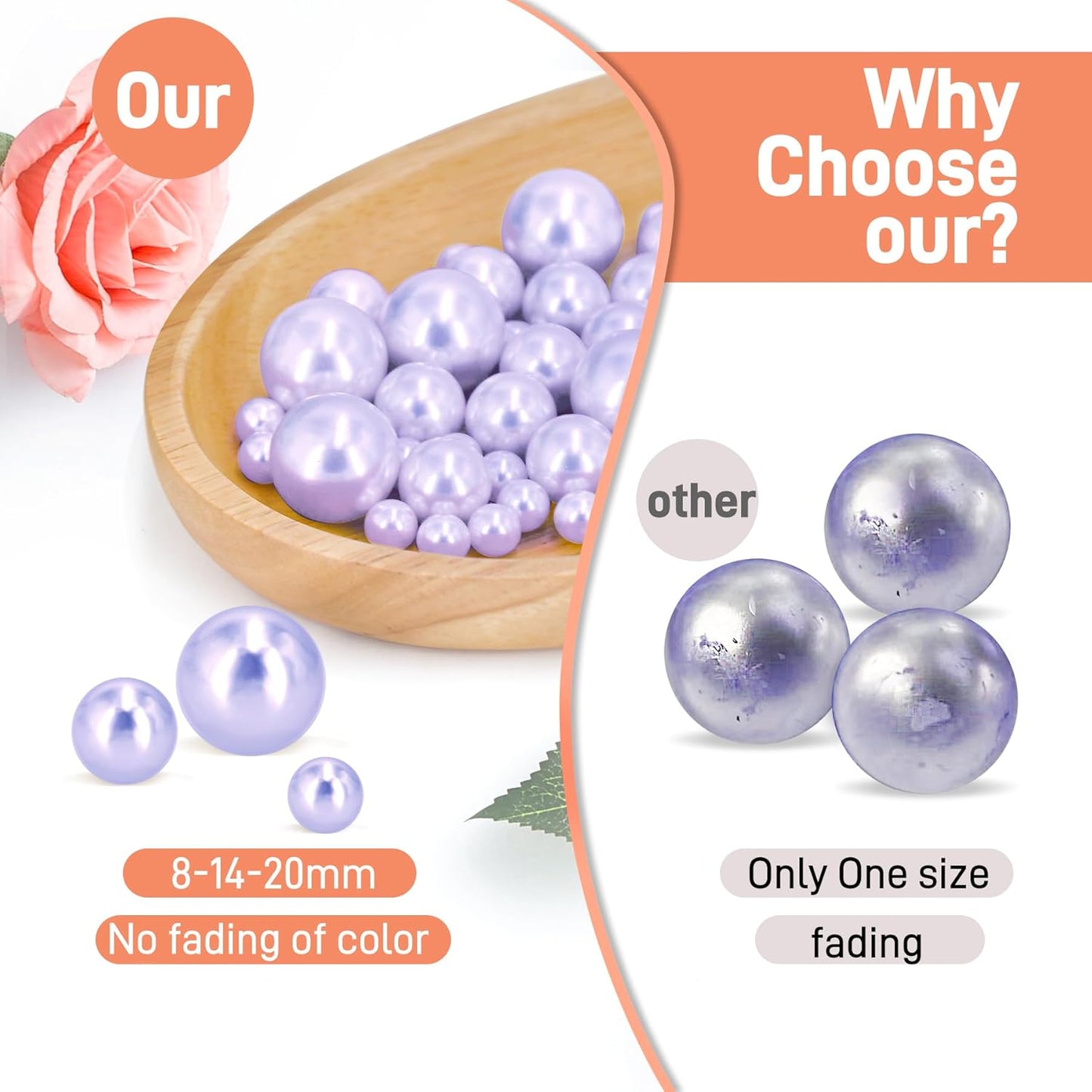 180 PCS Light Purple Beads for Centerpieces Vases, No Hole Polished Pearl Makeup Beads Mixed 8/14/20mm Sizes, Pearl Vase Fillers Table Scatters for Party Wedding Decor