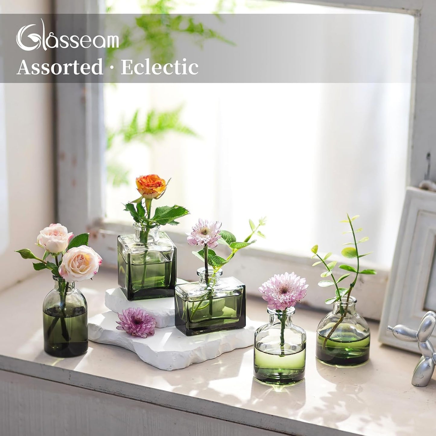 Glasseam Mini Bud Vases for Centerpieces: Clear Small Flower Vase Set of 20 Cute Tiny Glass Table Centerpieces Modern Wedding Birthday Party Baby Shower Dining Room Decoration Green