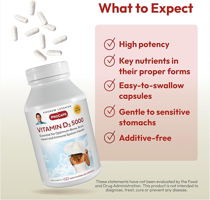 ANDREW LESSMAN Vitamin D3 5000 IU 720 Capsules - High Potency, Essential for Calcium Absorption, Supports Bone Health, Healthy Muscle Function, Immune System, More. Small Easy to Swallow Capsules
