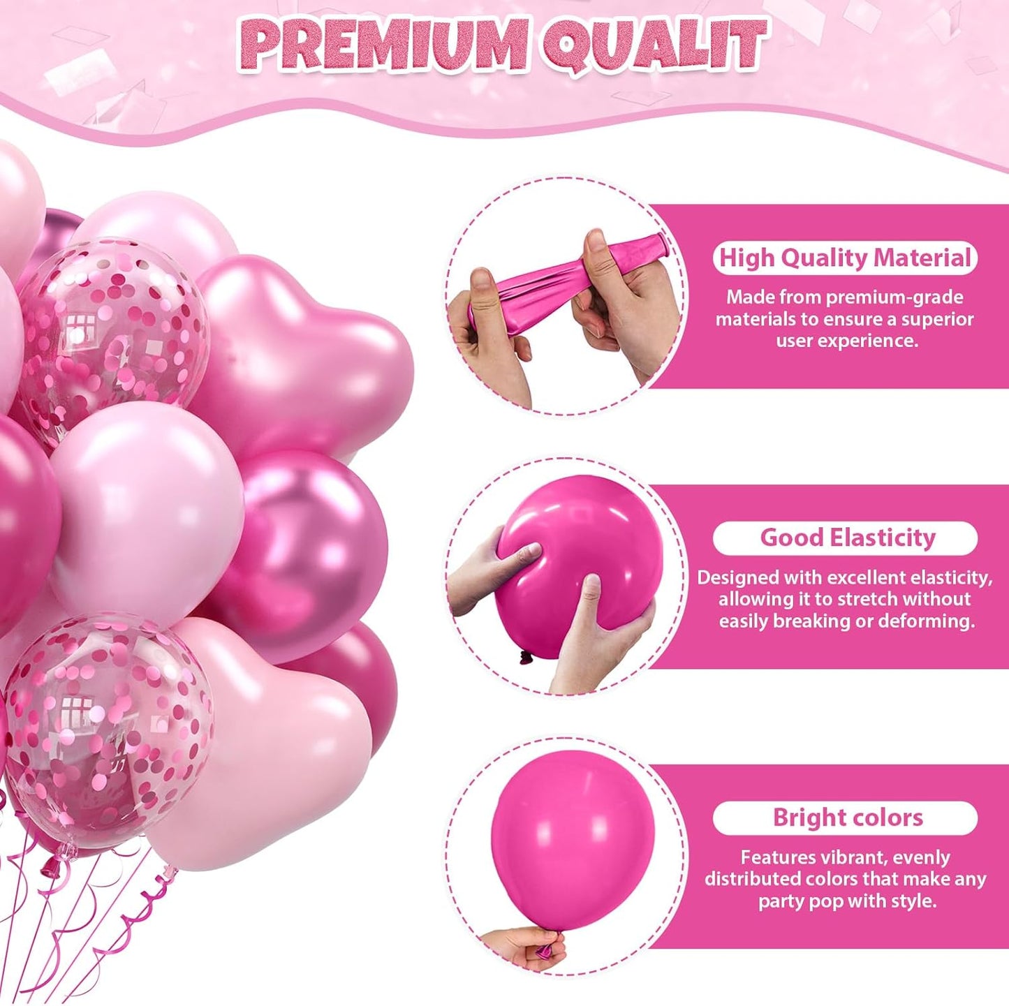 Hot Pink Balloons, 60pcs Metallic Pink Magenta Balloons With Macaron Heart Latex Balloon Confetti balloon For Girls Women Princess Birthday Baby Shower Bridal Shower Engagement Party Wedding Decor