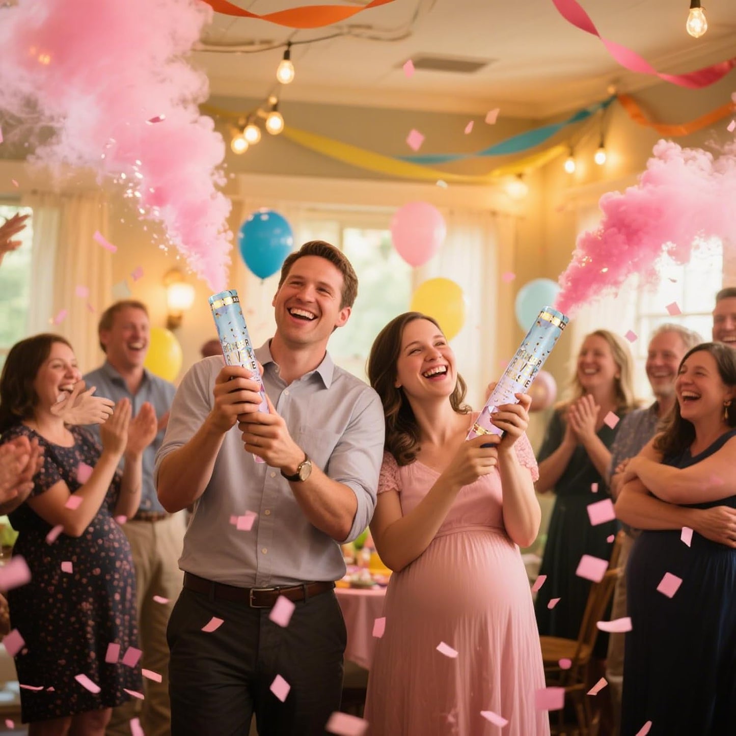 Previvo Gender Reveal Confetti Powder Cannon - 2 Pack Pink Baby Gender Reveal Poppers - 100% Biodegradable Powder Smoke - Ideas Party