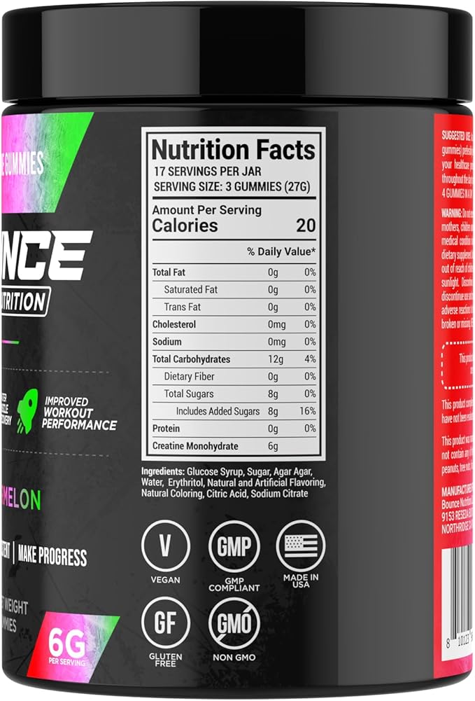 Bounce Pro Creatine Monohydrate Gummies for Men & Women, Low Calorie, 6G of Creatine per Serving, Vegan, Anti-Melting, Gluten-Free, Non-GMO, 2g of Creatine per Gummy (51ct, Watermelon)