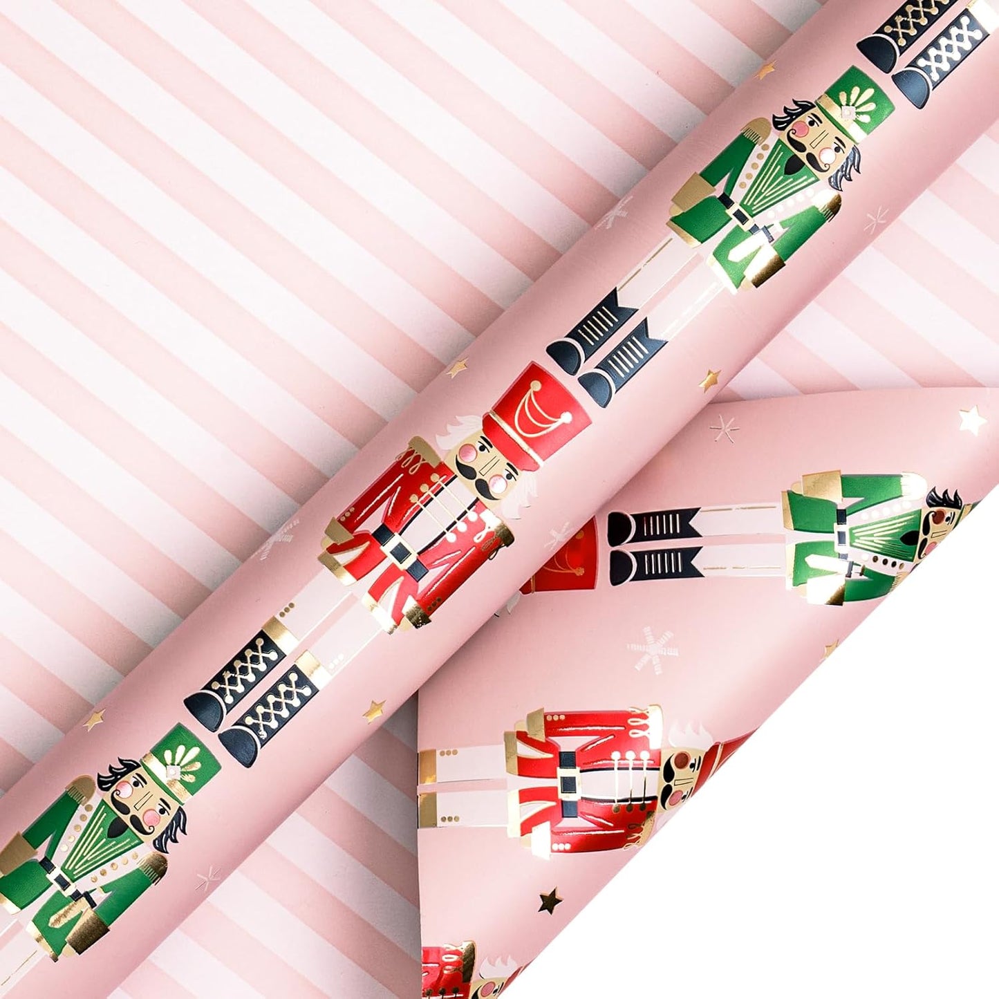 LeZakaa Christmas Pink Wrapping Paper Mini Roll for Kids, Pink Metallic Foil Gift Wrap Paper with Red & Green Nutcracker Soldier & Stripe Reversible Design, 17 inches x 32.8 Feet