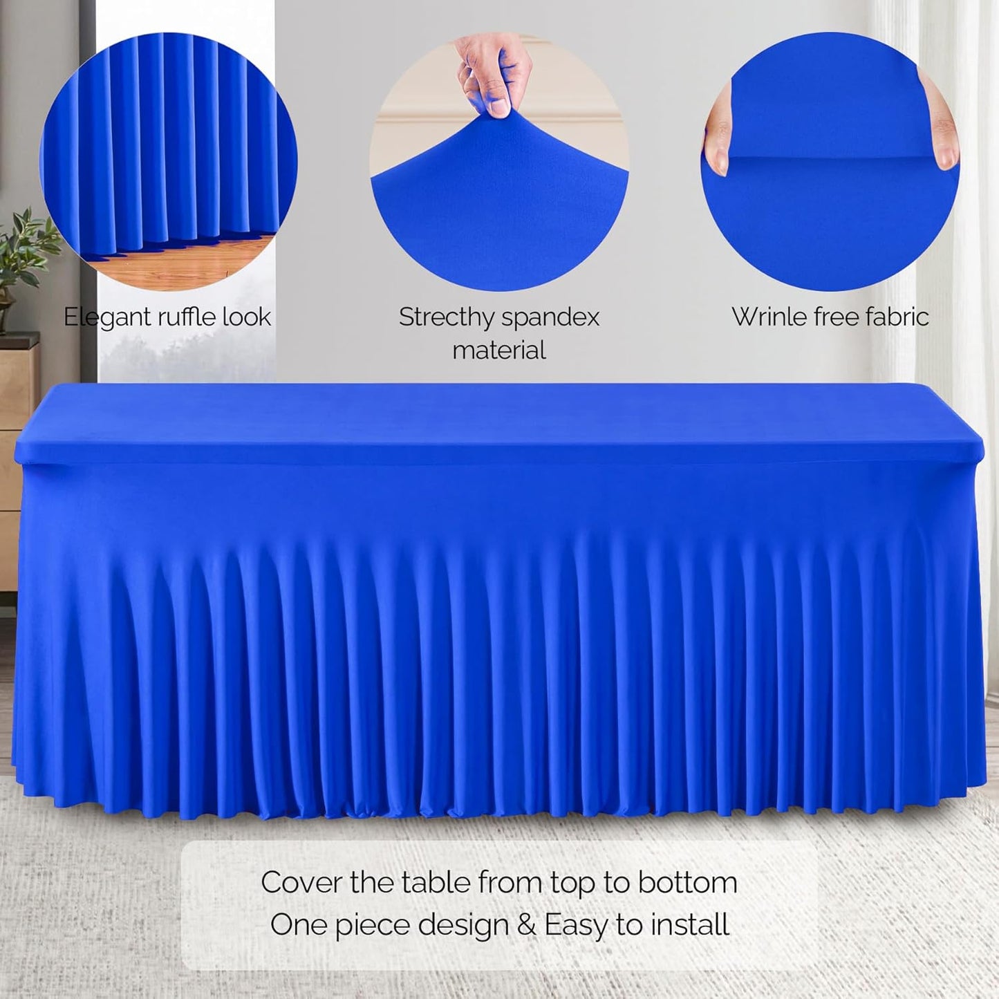 Wish Care 2 Pack Royal Blue Spandex Table Clothes for 6 Foot Rectangle Tables, 6FT Wrinkle Free Fitted Tablecloths Ruffles Design Table Cloth for Party, Banquet, Wedding and Events