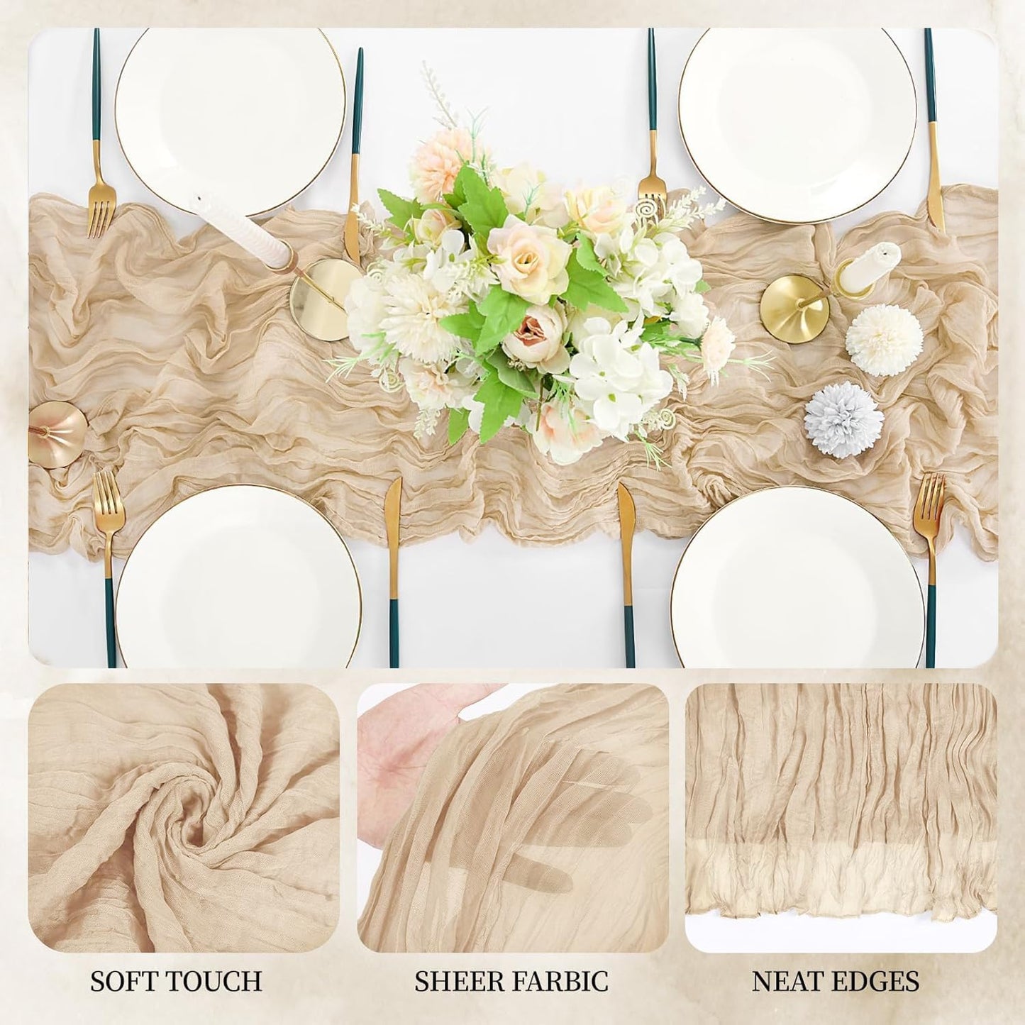 6 Pack Beige Cheesecloth Table Runner 23x120 inch Rustic Boho Gauze Table Runner 10 FT Long Sheer Cheese Cloth Fabric Table Runners for Romantic Wedding Bridal Shower Birthday Party Decor