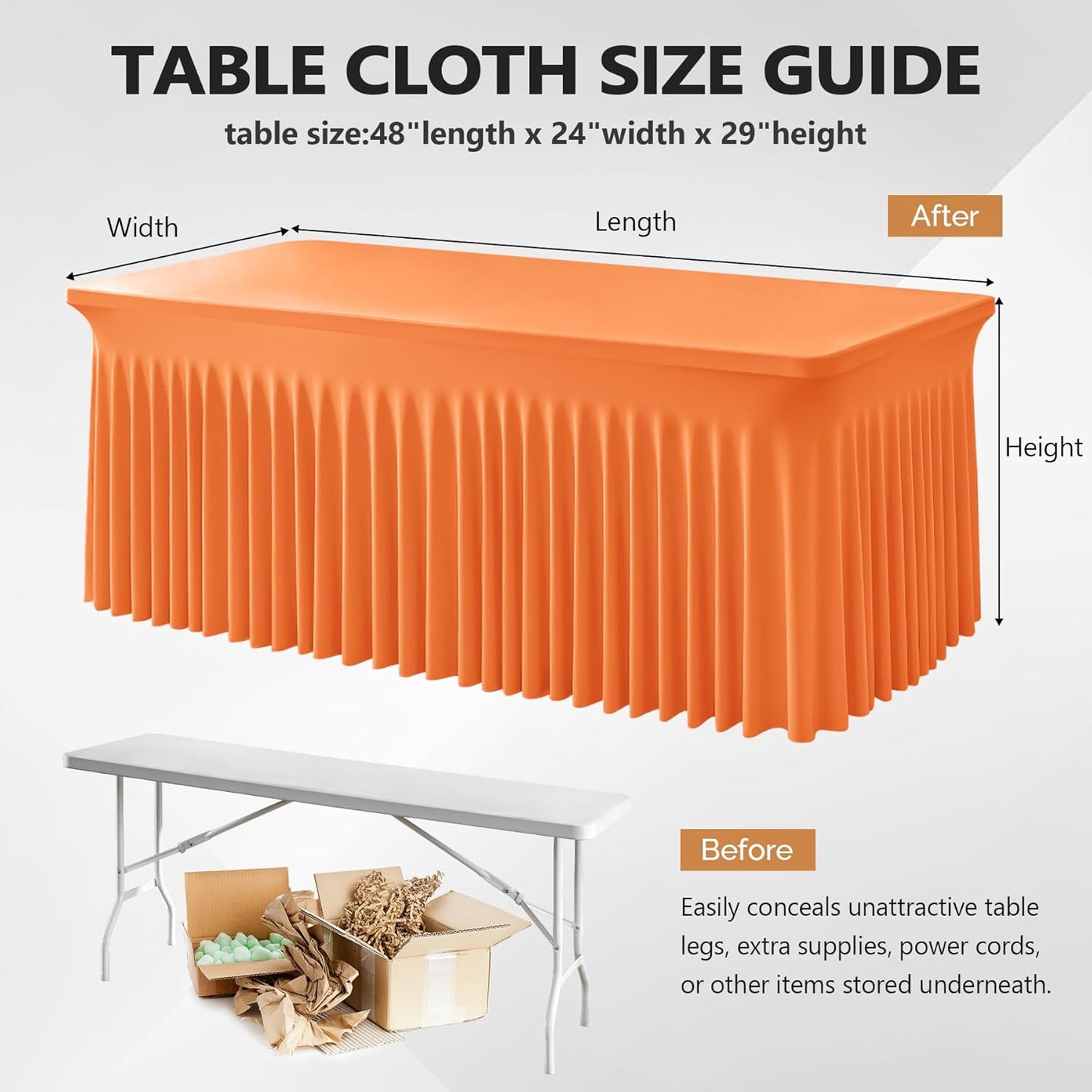 Wish Care 2 Pack Orange Spandex Table Clothes for 4 Foot Rectangle Tables, 4FT Wrinkle Free Fitted Tablecloths Ruffles Design Table Cover for Party, Banquet, Wedding and Events