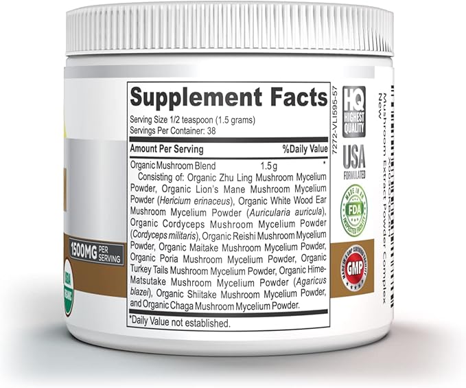 Organic 11 Mushroom Powder - USDA Certified - Lion's Mane, Reishi, Cordyceps, Maitake, Shiitake, Turkey Tail, Chaga, Zhuling, Wood Ear, Poria Cocos, Hime-Matsutake - Immunity & Energy, No filler