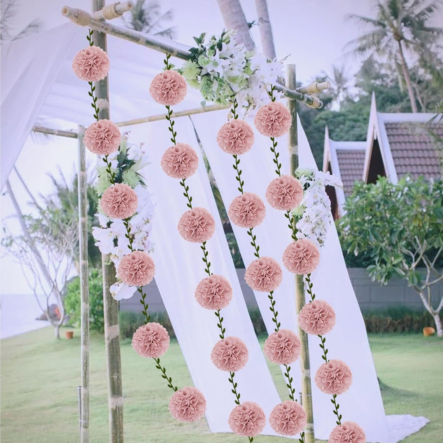 2 Pack Rose Pink Tissue Paper Pom Pom Garlands Hanging with Cloth Vine for Nature Garden Fence Birthday Paty Decorations, 6.6Ft Length