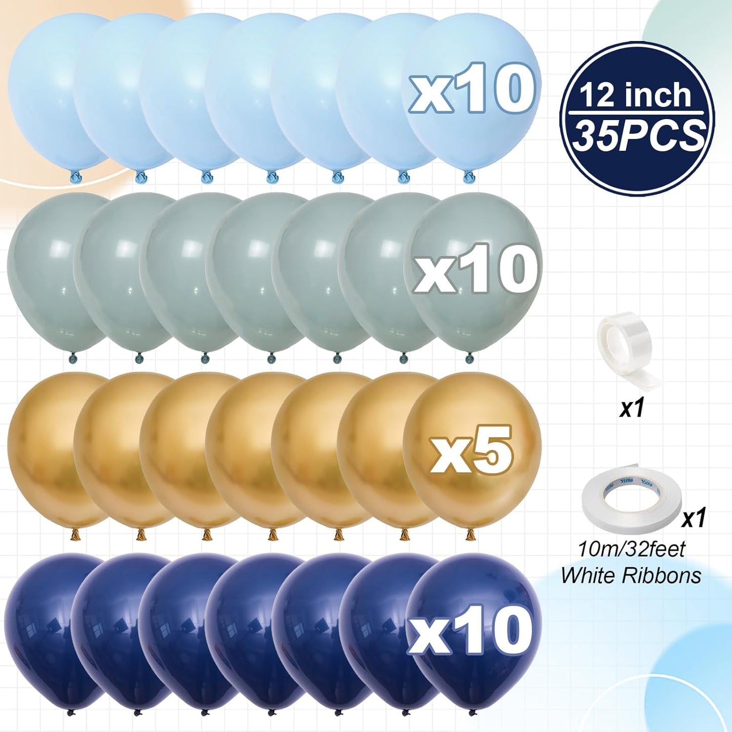 Navy Blue Gold Balloons, 12 Inch Dusty Light Blue Golden Latex Balloon Set for Boys Birthday Winter Wonderland Wedding Baby Shower Party Decorations