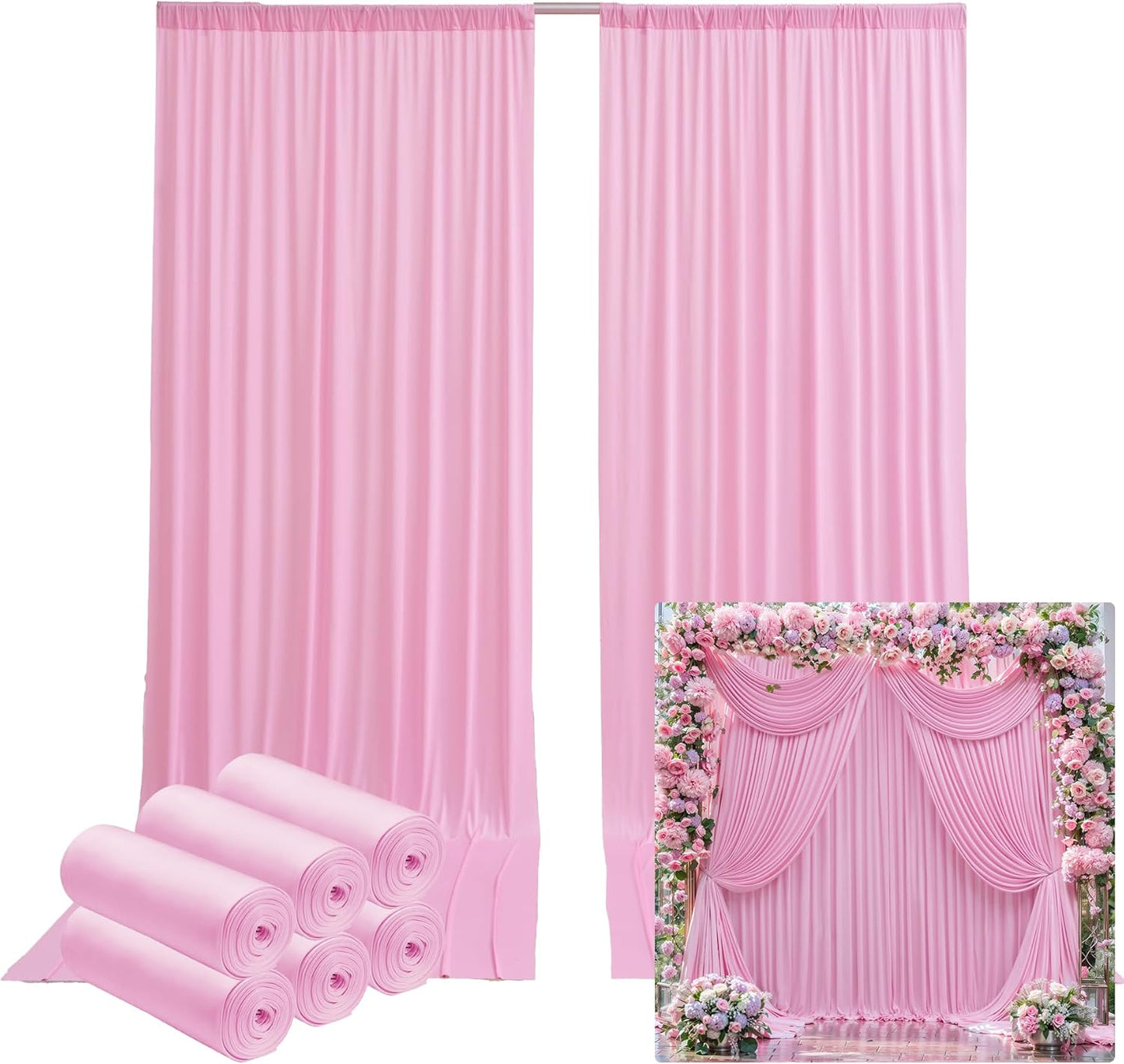 30ftx12ft Wrinkle Free Pink Backdrop Curtain, 6 Panels 12FT Height Pink Wedding Backdrop Drapes, Silky Polyester Back Drop Cloth for Birthday Photography Background Party Backdrop Draping