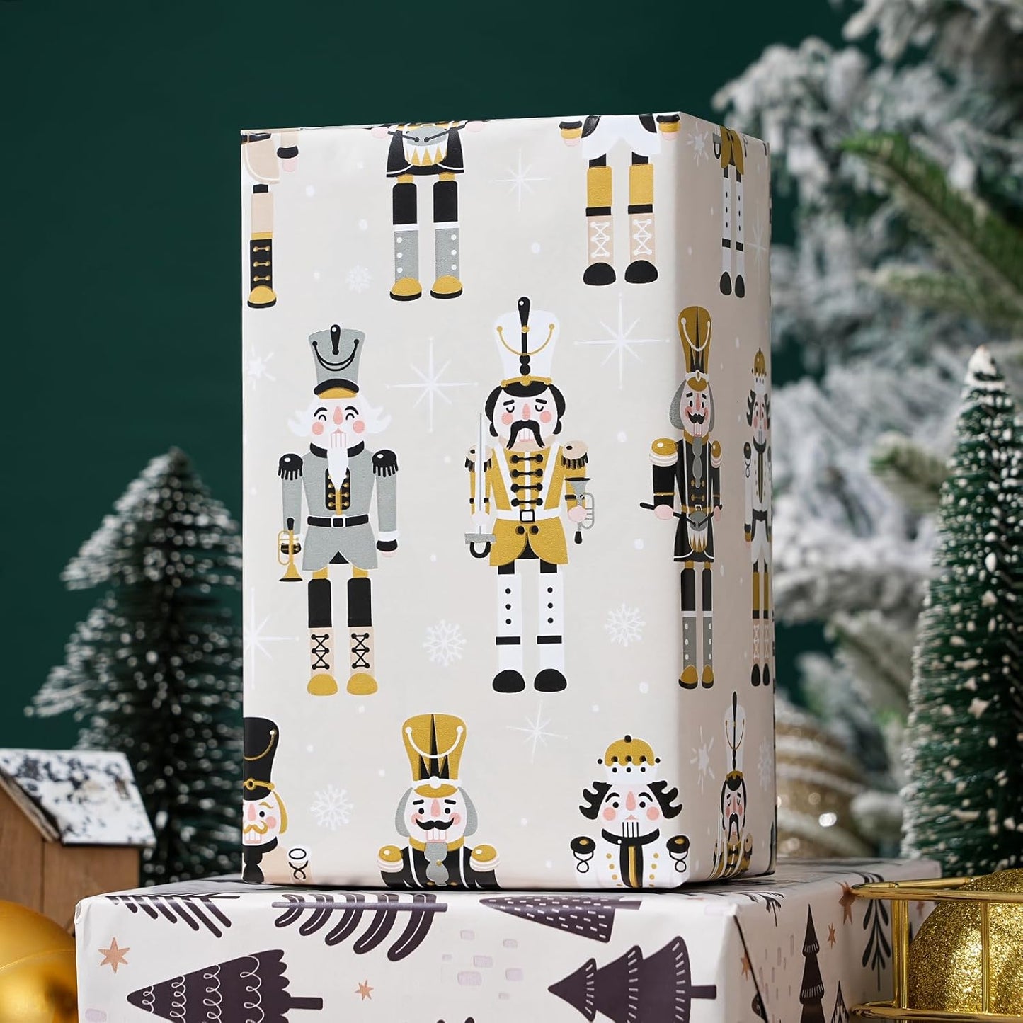 Ulmasinn Reversible Christmas Wrapping Paper Roll - 17" x33ft Double-Sided Designs with Luxury, Gold Nutcracker & Minimalist Black Forest, Xmas Gift Wrap for Presents, Table Decor & Crafting