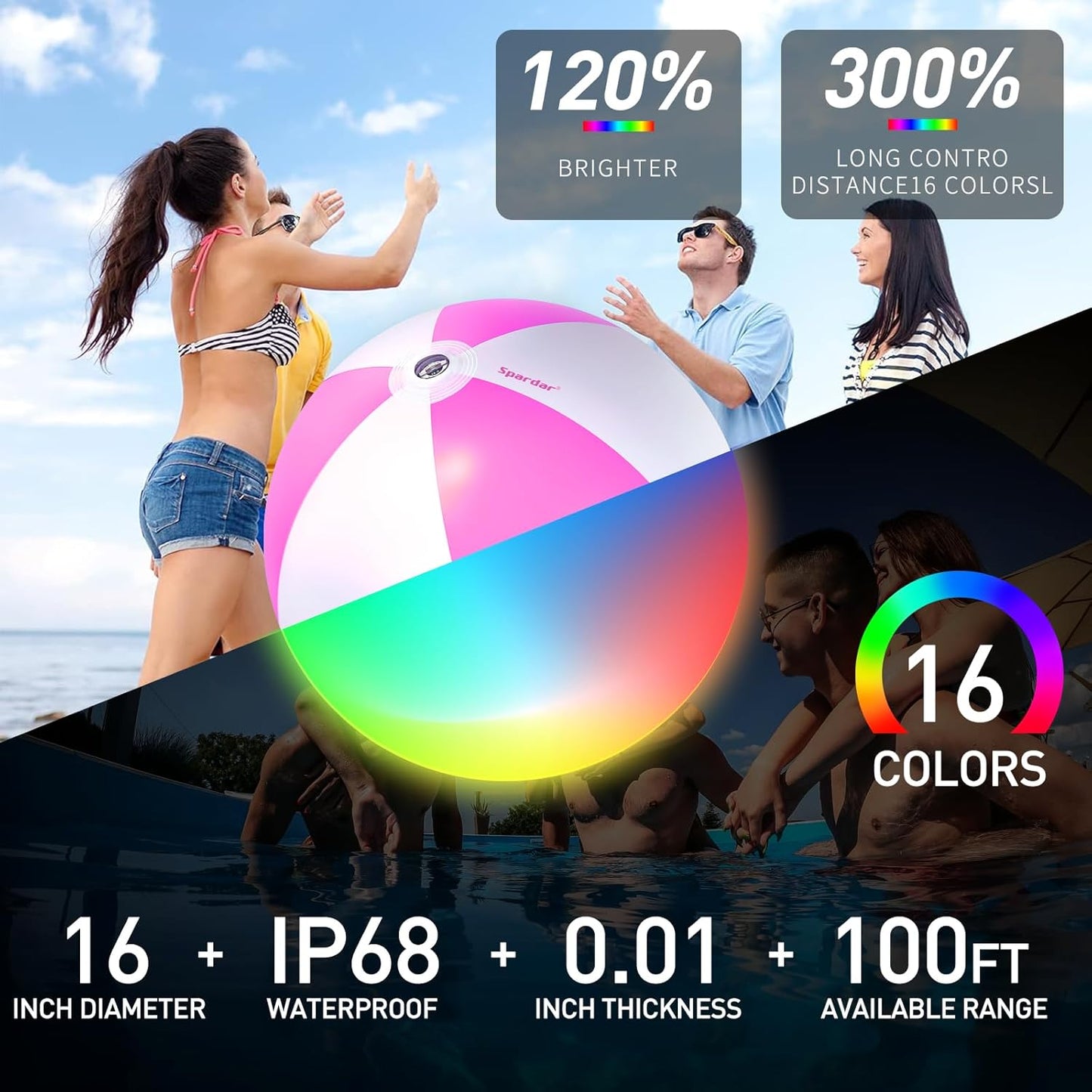 Spardar LED Beach Balls, 4 Pack 16 Inch Light up Beach Balls with Remote Control, Balloon Pump, 16 Colors Lights and 4 Light Modes Pool Toy for Pool Garden Decorations (2Pink+2Blue)