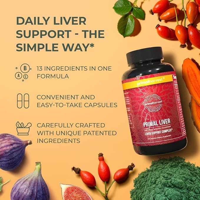 Primal Harvest Primal Liver Liver Supplement with, Alpha-Lipoic Acid, L-Cysteine HCL, L-Glutathione, Milk Thistle, and Spirulina, for Men and Women, 120 Capsules