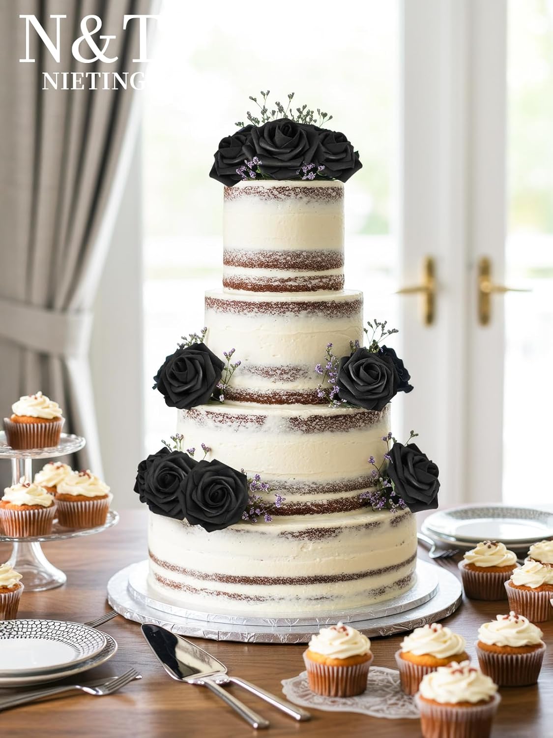 N&T NIETING Artificial Flowers Black Rose 50pcs Real Touch Flowers Perfect for for DIY Bouquets Wedding Party Baby Shower Home Decoration