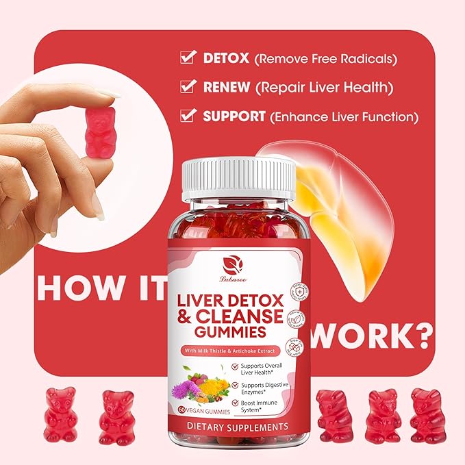 Liver Cleanse Detox & Repair Gummies - Milk Thistle, Dandelion, Artichoke Extract & Elderberry - No Sugar, Raspberry Flavor - 120 Count