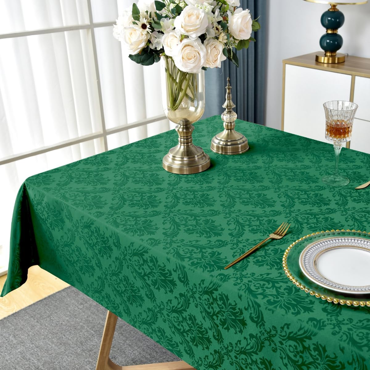 SASTYBALE Rectangle Jacquard Tablecloth, Damask Table Cloth SpillProof Wrinkle Resistant Tablecloths, Soft Polyester Oblong Table Cover for Kitchen, Dinner, Parties (Dark Green, 60X120)