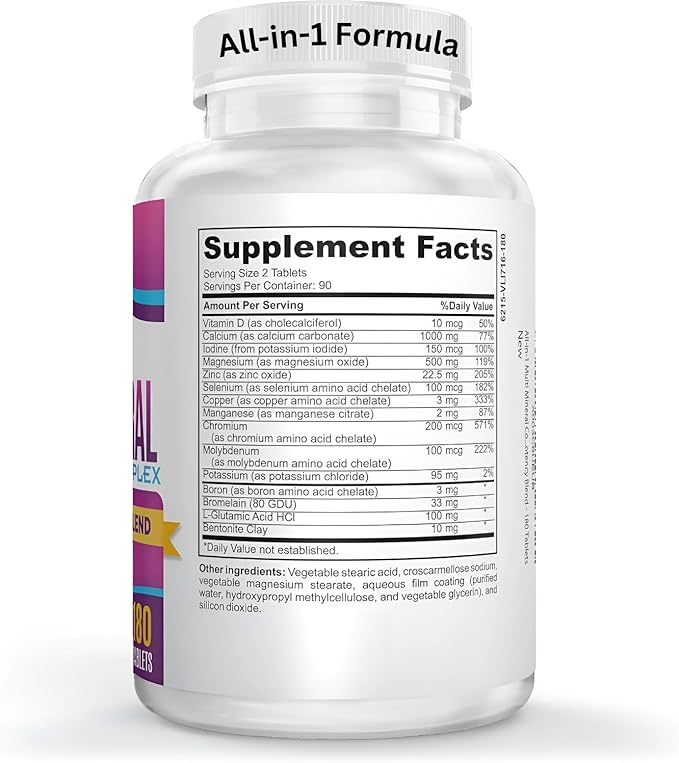 All-in-1 Multimineral Supplement Blend (Iron Free Formula) Multiminerals | Trace Minerals | High-Potency Multi Mineral Supplements | Mineral Complex | 90-Day Bulk Supply | 180 Tablets