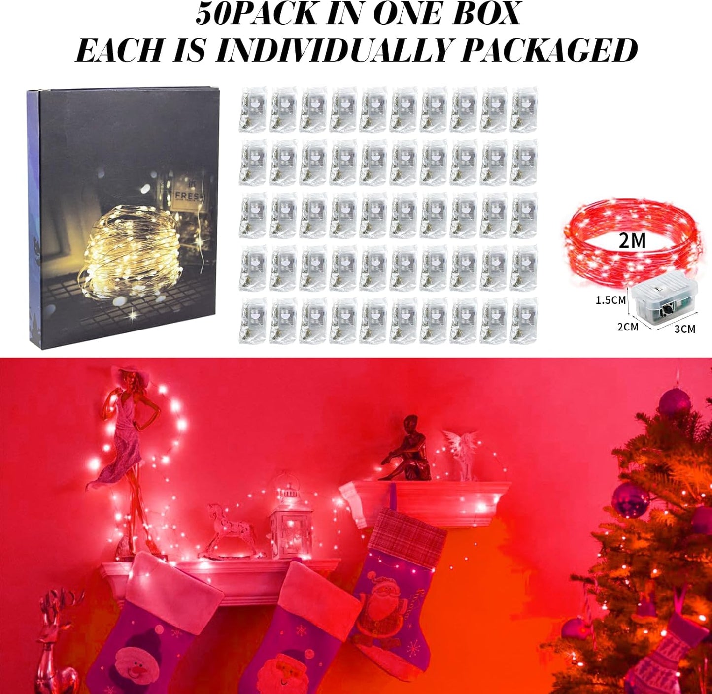 ZGWJ 50 Pack Fairy Lights Battery Operated, 7ft 20 Mini LED Fairy String Lights Silver Wire 3 Modes for DIY, Parties, Wedding, Bedroom, Halloween Christmas Decoration Red