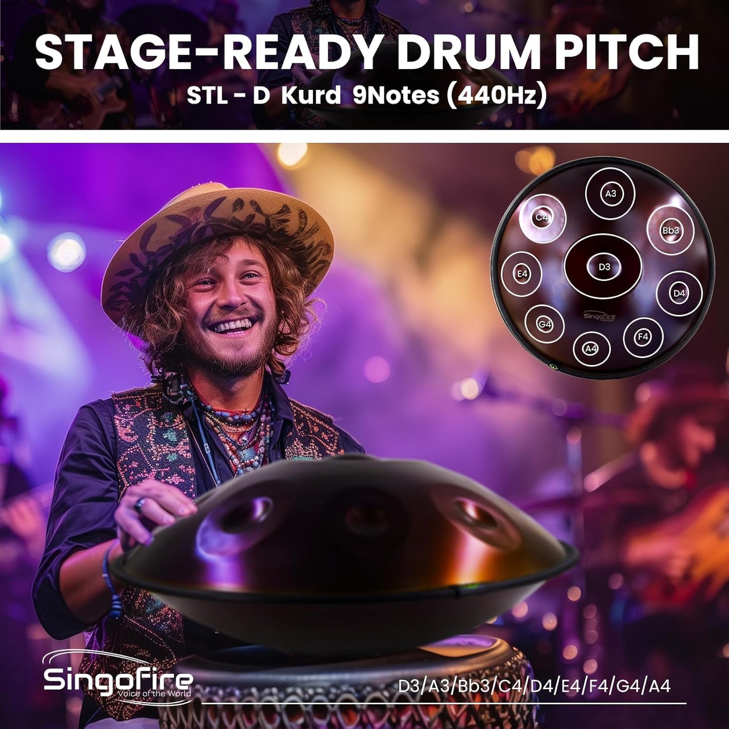 "SINGOFIRE" 9-Notes Handpan Drum, Handpan Drums for Adults, 22-Inch 440Hz D Minor Kurd Handpan, HandPan Instrument with Soft Handpan Bag, 2 Handpan Mallets, Handpan Stand and Dust-Free Cloth(Purple)