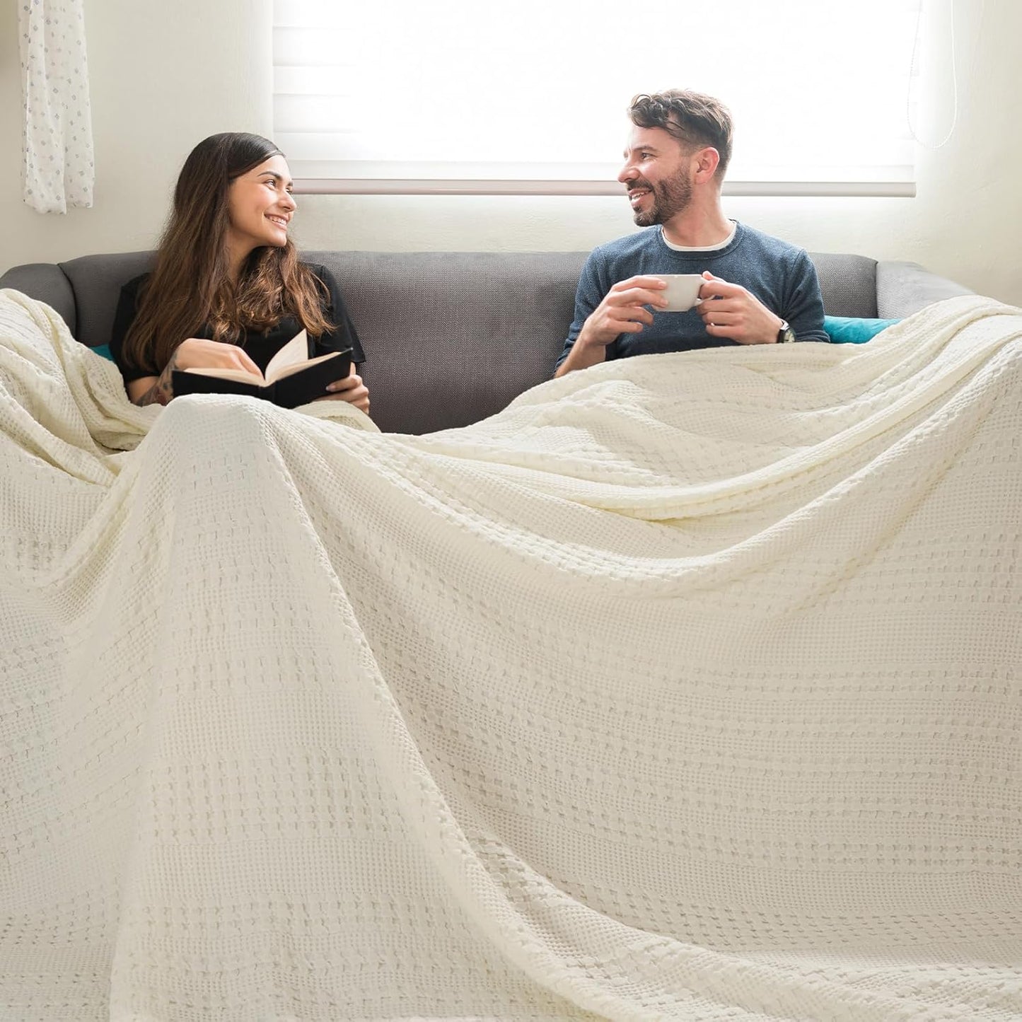 PHF 100% Cotton Waffle Blanket Oversized King 120"x120", Lightweight Breathable Extra Large 10'x10' Blankets for Bed, Giant Big Luxury Aesthetic Woven Bedding for Home Decor, Ivory