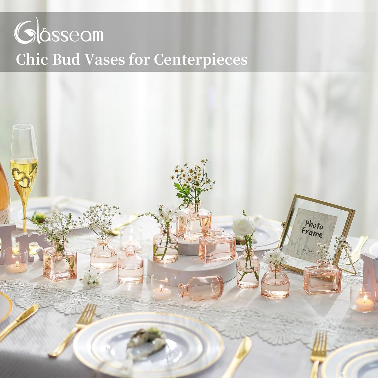 Glasseam Mini Bud Vases for Centerpieces: Clear Small Flower Vase Set of 20 Cute Tiny Glass Table Centerpieces Modern Wedding Birthday Party Baby Shower Dining Room Decoration Champagne