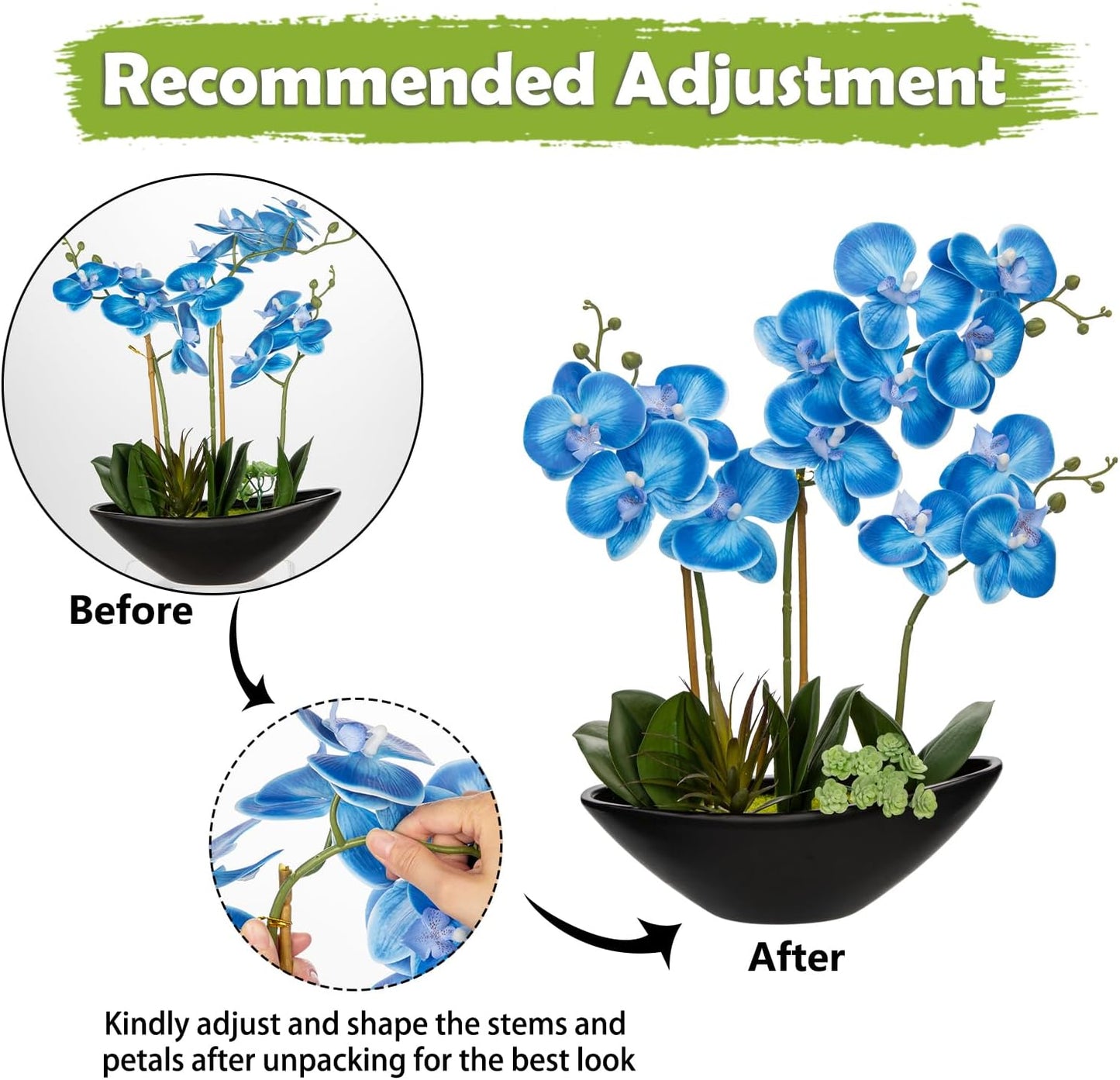 Briful Blue Orchid Fake Flowers 17in Artificial Orchid Silk Flowers in Black Pot Faux Orchid Arrangement for Home Office Bathroom Table Shelf Modern Decoration