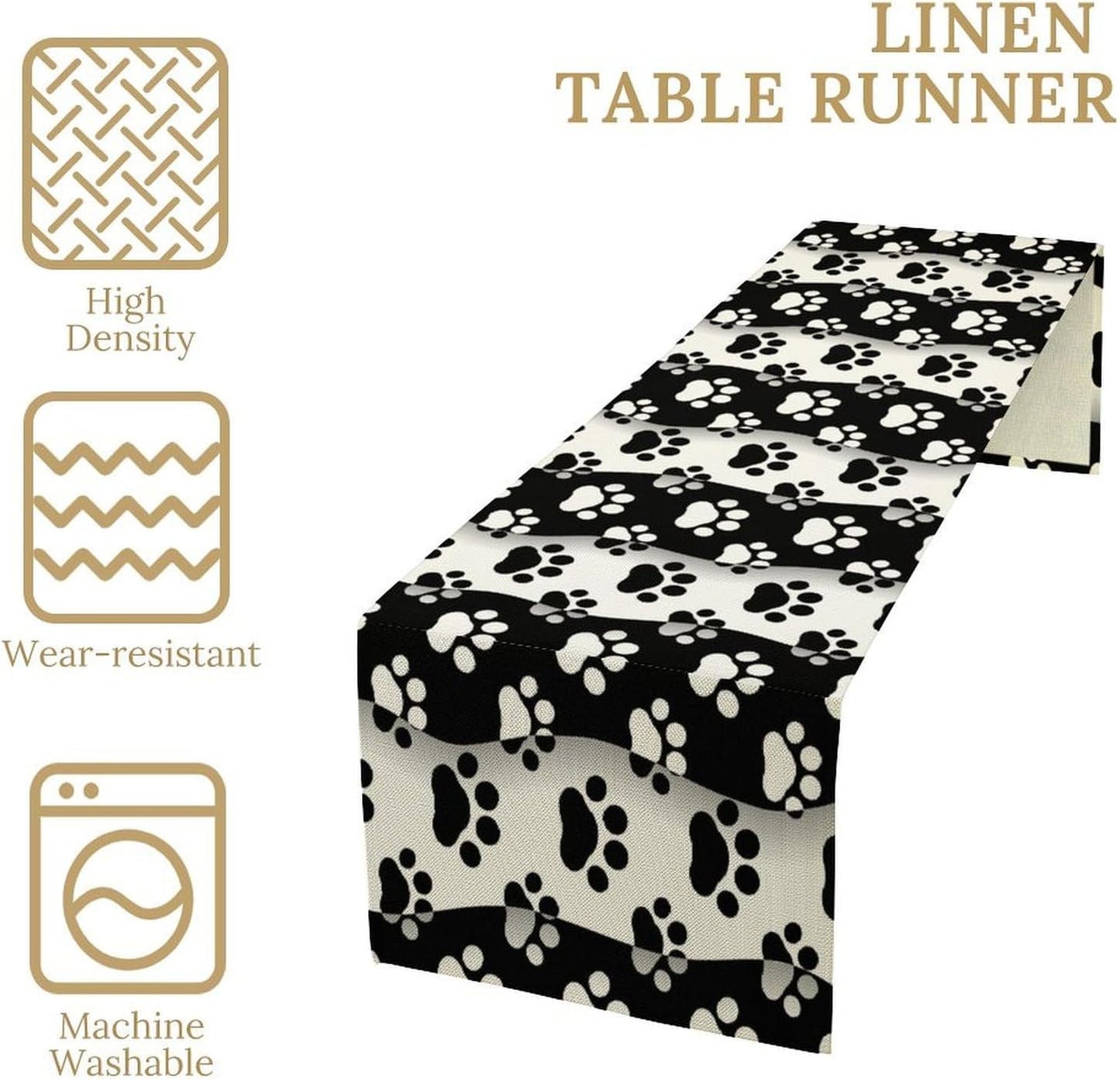 Dog Paw Table Runner,Kid Cute Animal Footprint Black White Theme Design Print Tablecloth Burlap for Hotel Indoors Outdoor Dining Room Kitchen Home Decor,W13X L108 in