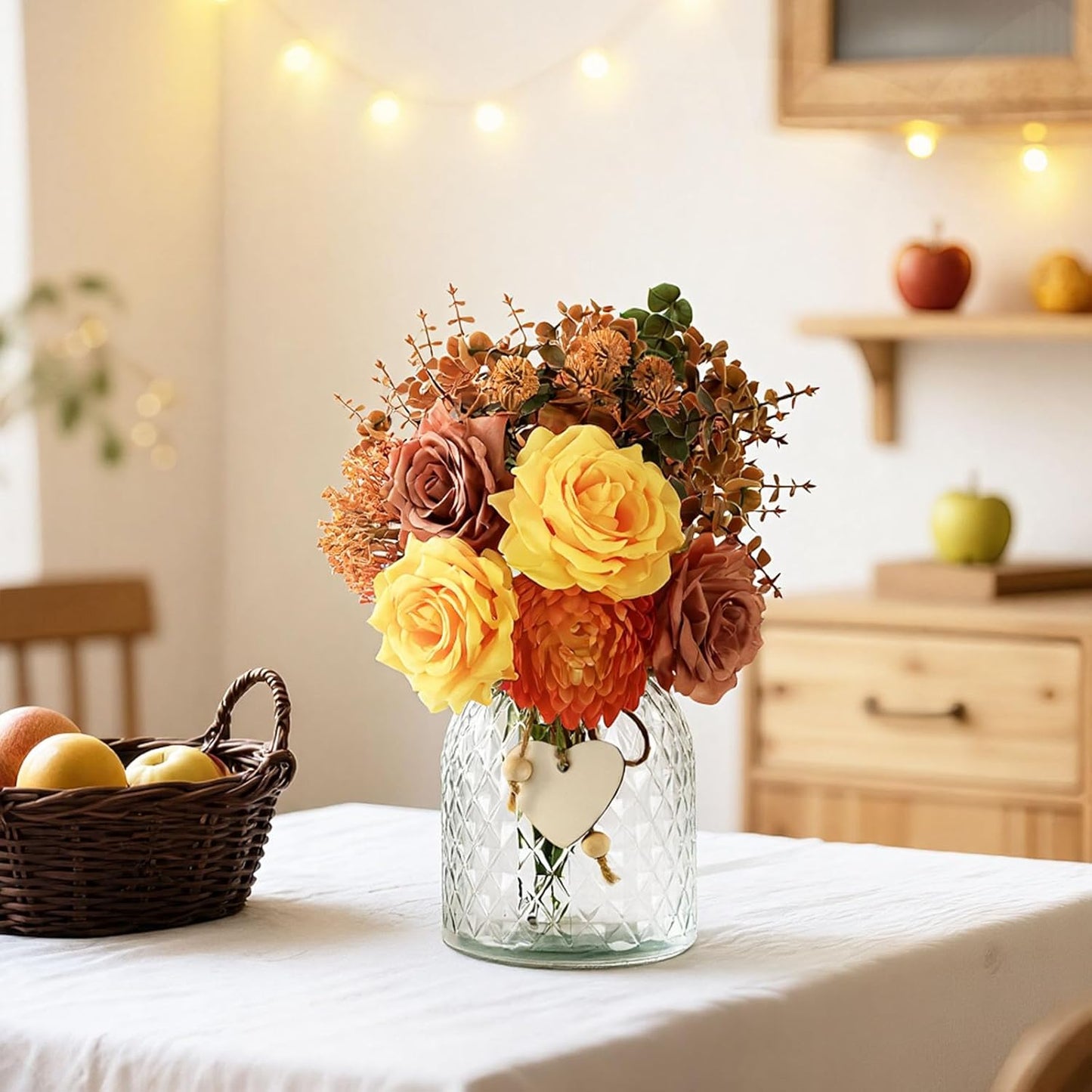Artificial Fall Flowers in Vase, Yellow Silk Rose with Eucalyptus, Faux Plant Floral Centerpiece for Home Office Dining Table Decor, Fake Hanksgiving Wedding Living Room Farmhouse Autumn Decorations