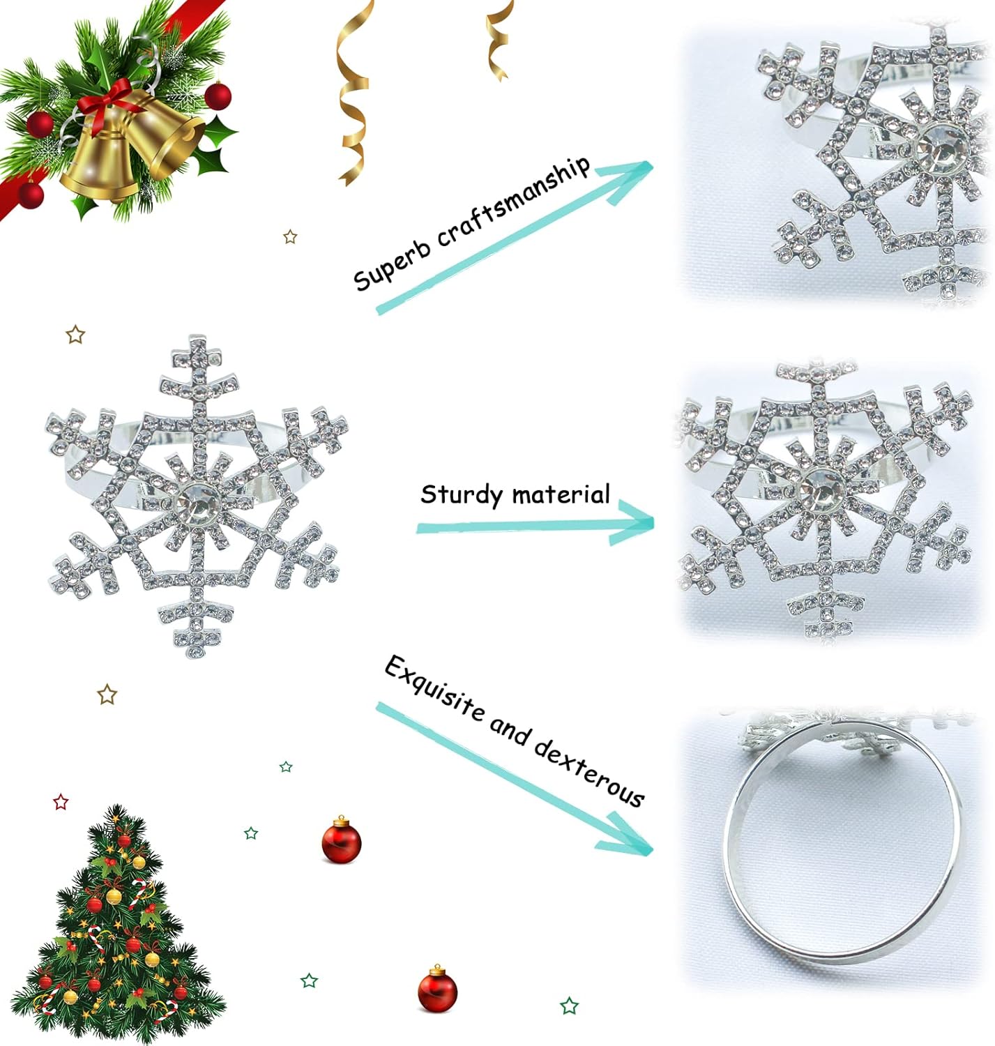 Halatool Set of 6 Christmas Rhinestone Snowflake Napkin Rings for Xmas Dining Table- Napkin Ring Holder for Christmas, Thanksgiving, Holiday Party Table Decoration